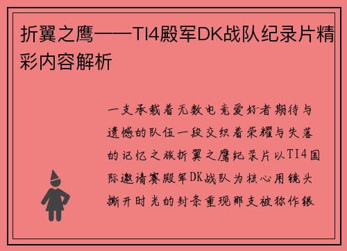 折翼之鹰——TI4殿军DK战队纪录片精彩内容解析