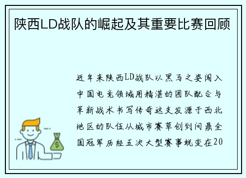 陕西LD战队的崛起及其重要比赛回顾