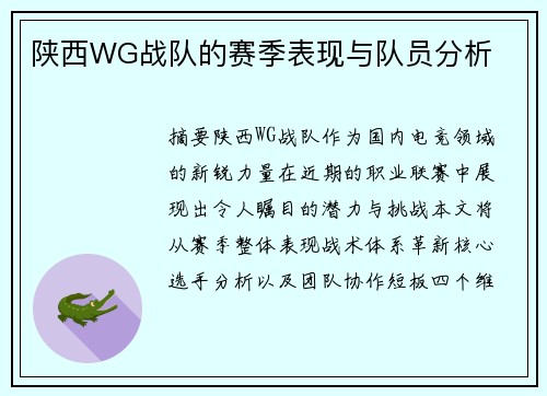 陕西WG战队的赛季表现与队员分析